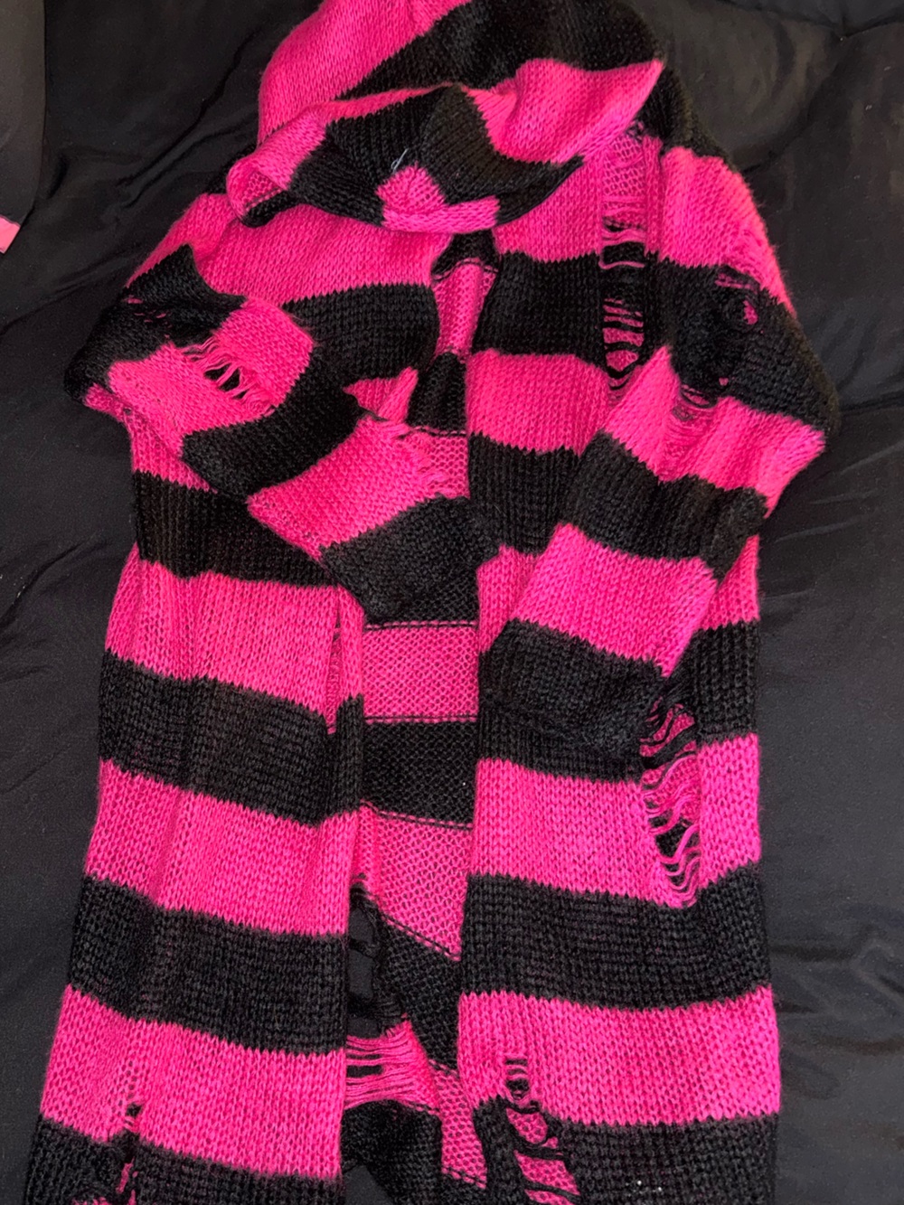 Hot Pink and Black Striped Distressed Knit Duster